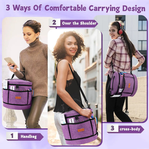 Three women demonstrating carrying options for Ultimate Beginner Crochet Kit For Adults With 9 Soft-Handle Hooks, Yarn, Crochet Bag.