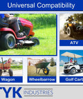 Image illustrating compatibility of Two Pack Beefy Heavy Duty Inner Tubes with lawn tractor, ATV, wagon, wheelbarrow, and golf cart.