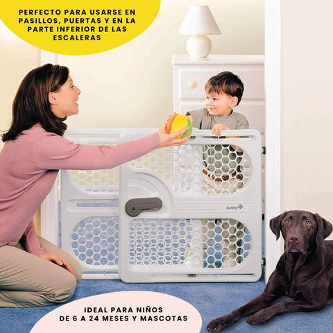 Pressure Mounted Easy Fit Baby Gate With Memory Feature Fits 28 To 40 Inches Taupe in living room blocking child and pet