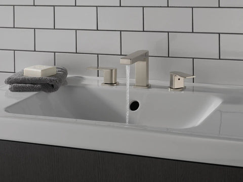 Xander Widespread Bathroom Faucet Brushed Nickel Three Hole Configuration With Ceramic Disc Valve Easy Install Pop Up Drain Assembly Included