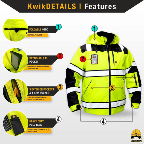 Enforcer Bomber High Vis Safety Jacket With Detachable ID Pocket For Men Class 3 ANSI OSHA Compliant Reflective Hoodie Yellow