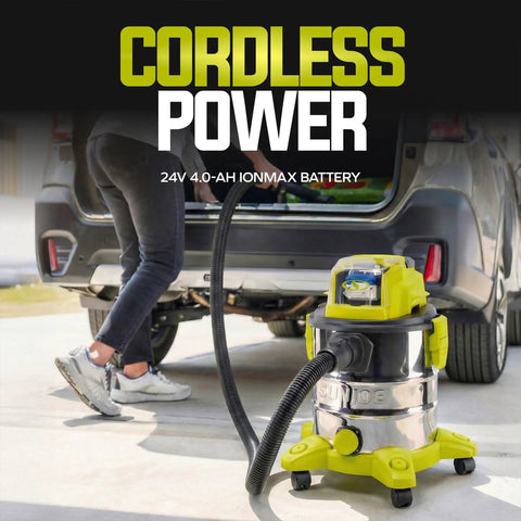 Cordless No Cord Hassle Wet And Dry Vacuum Cleaner With 24V Battery And Charger Stainless Steel 5.3 Gallon Tank used outdoors