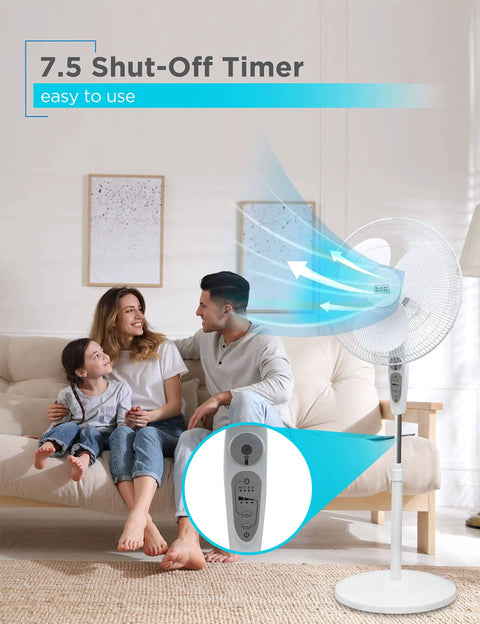 Height Adjustable Pedestal Standing Fan With Remote And Touch Control Panel 18 Inch in white, shown in family living room