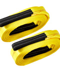 Heavy Duty Workhorse 2 Inch By 20 Foot Eye To Eye Web Lifting Sling Set With 11000 Lbs Breaking Force And 3500 Lbs Pulling Capacity For Rocks, Trees, Mowers, Tool Boxes In Trailers, Tractors And Trucks, Yellow, two yellow slings with black reinforced eye thisisnothere