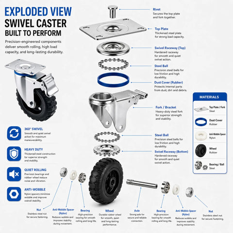 Exploded view of Set Of Four Five Inch Heavy Duty Caster Wheels Packed With Bully Solid Rubber Tires exposed components.