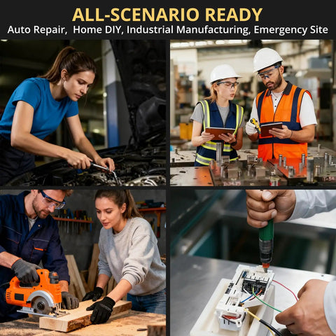 Collage of auto repair, home DIY, and industrial settings, highlighting 47 Piece One Quarter Inch NPT Air Coupler And Plug Kit usage.