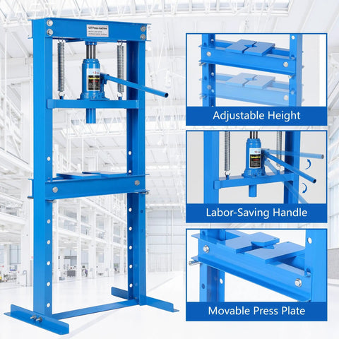 Beefy 12 Ton Hydraulic Shop Press With Sturdy H Frame And Movable Plate System, 5 Hole Adjustable Base For Bearing Bending