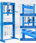 Solid As A Rock 12 Ton H Frame Hydraulic Shop Press With Adjustable Bench And Twin Stamping Plates, showcasing adjustable height and labor-saving design.