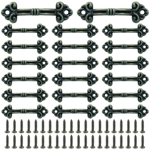 Vintage Mini Drawer Pulls 20 Piece Set With Matching Screws Antique Style Handles Displayed in Rows