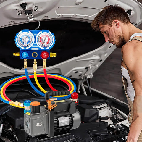Heavy Duty 4.5 CFM Vacuum Pump And Gauge Kit For HVAC, Mini Split And Auto Systems, Built To Play Nice With R134a R12 R22 R410a, Includes Leak Detector, Core Depressor Valves, 2 R134a Tap Adapters, Quick Couplers, And Storage Case.