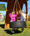 Two children on a Heavy Duty Rubber Tire Swing Seat With Adjustable Coated Chains For Outdoor Swing Sets 3 Chain Suspension