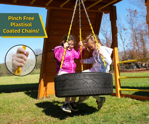 Two children on a Heavy Duty Rubber Tire Swing Seat With Adjustable Coated Chains For Outdoor Swing Sets 3 Chain Suspension