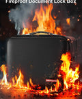 Fireproof Waterproof Document Safe Box With Lock For Important Docs And Passports, Cash And Certificates, Laptop Storage in flames.