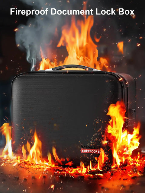 Fireproof Waterproof Document Safe Box With Lock For Important Docs And Passports, Cash And Certificates, Laptop Storage in flames.