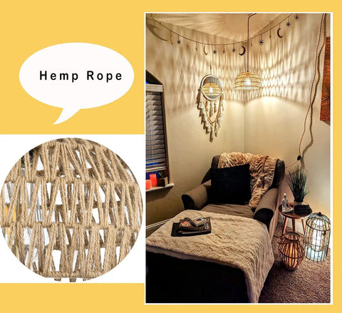 Plug In Pendant Light With Dimmable Cord Handcrafted Rattan Wicker Basket Shade Boho Farmhouse Hanging Lamp For Living Room And Kitchen Cozy Glow And Vibe Industrial Style Plug In Ceiling Light Fixture casting cozy light in living room corner with hemp rope texture detail.
