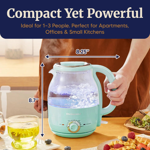 Man holding Super Fast Boil Electric Glass Kettle 1.2L 1200W with mint finish on a kitchen counter, measuring 8.25" by 8.7".