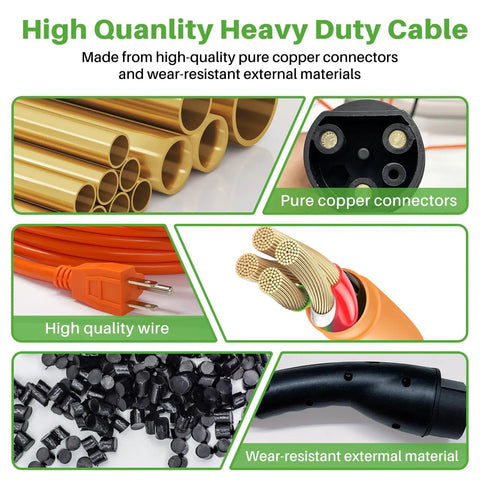 Heavy Duty 10 Foot Electric Golf Cart Charging Cable With 16A Quick Charge Three Pin Power Cord shown with components and materials.