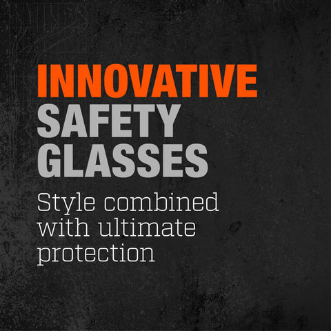 Text image stating 'Innovative Safety Glasses Style combined with ultimate protection'. Focus on protection and style.