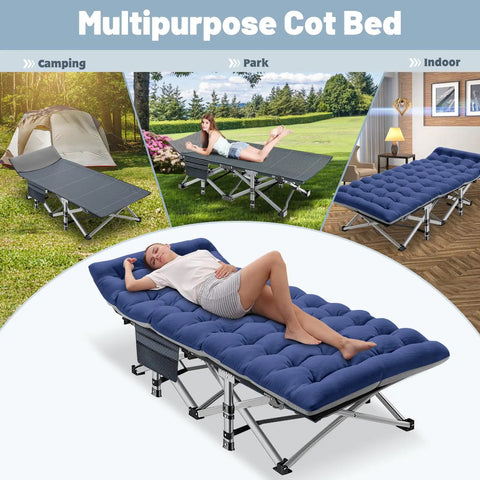 Foldable Camping Cot With Mattress Pad Portable Camp Bed for outdoor, park, and indoor use with carry bag, cozy sleeping.