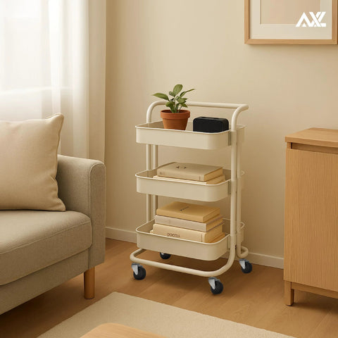 2 Inch Caster Wheels with 1/4 Inch Threaded Stem Swivel Casters and Brakes installed on a small utility cart in living room.