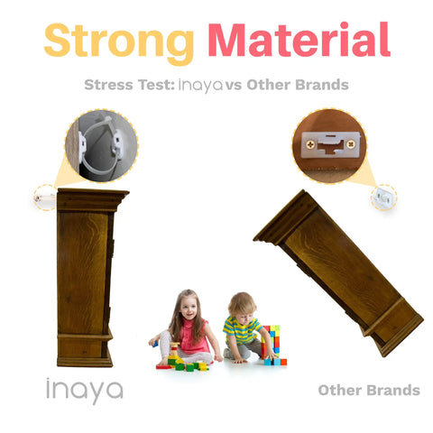 12 Pack Heavy Duty Furniture Anchors for Baby Proofing and Anti Tip Wall Straps shown in stress test comparison image with children.