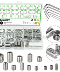 Set Screw Assortment Kit 300 Pcs 24 Sizes Metric And SAE Allen Screws For Bathroom Fixtures Door Knobs Faucets Plumbing 304 Stainless Steel With 6 Hex Wrenches And Handy Storage Case displayed.
