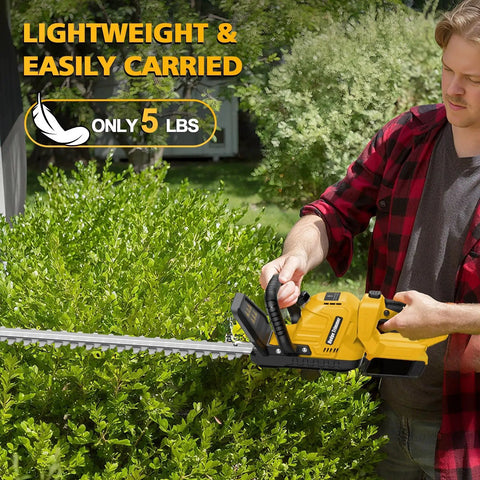 Man using Cordless Hedge Trimmer With 20V Max Battery Compatibility, 20 Inch Cutting Length, Brushless Motor, to trim bushes
