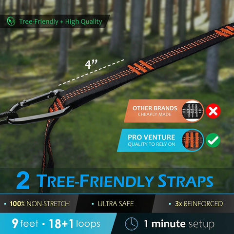 Close-up of tree-friendly straps for Two Person Double Camping Hammock With Lightweight Parachute Nylon 210T and carabiner.