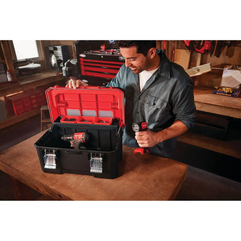 Heavy Duty 20 Inch Lockable Tool Box With Cantilever Tray Removable Cups Transparent Lid Windows And Easy Access Compartments