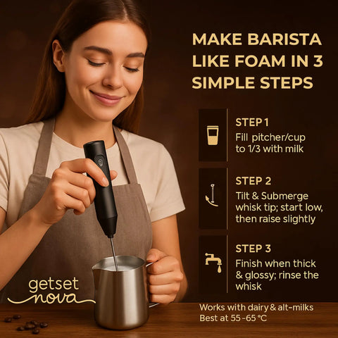 Woman using Rechargeable Milk Frother And Coffee Whisk With Dual Spring Tech, Whisper Quiet, Long Lasting Battery, Up To 30 Days Of Frothing Per Charge, Easy To Use Kitchen Gadget With 1 Year Replacement Warranty to make milk foam.