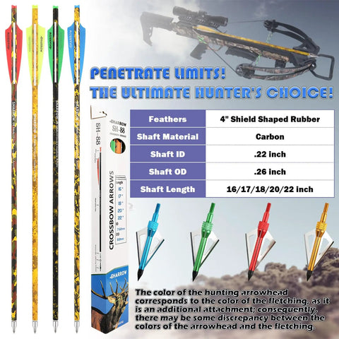 12 Pack 20 Inch Camouflage Carbon Crossbow Bolts With Screw In Broadheads For Hunting Set, showing arrow features and colors.