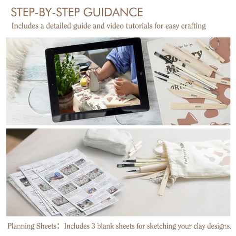 Tablet displaying pottery guide, tools in pouch; Air Dry Clay Kit For Adults With Complete Tool Set For Home Pottery Craft on table.