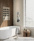 Modern bathroom with Stainless Steel Shower Niche With Double Shelves And Recessed Install For No Tile Needed Walls 8 Inch By 24 Inch Brushed Nickel Finish Easy Access Bath Storage beside a bathtub