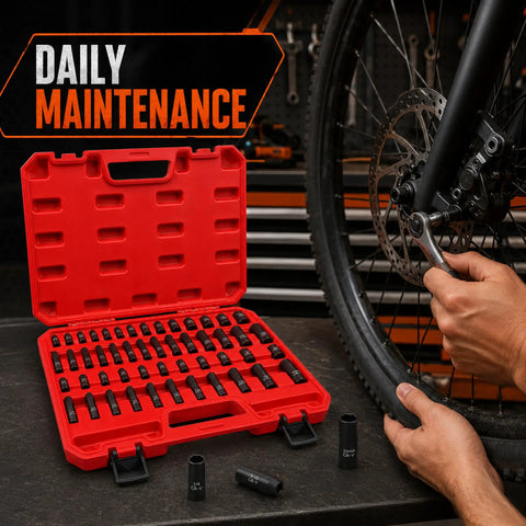 Heavy Duty 1/4 Inch Drive Impact Socket Set With 50 Pieces Sae And Metric Deep Shallow 6 Point Cr-V Bits For Auto Motorcycle Repair Plus Household Fixes red case open for bicycle wheel maintenance