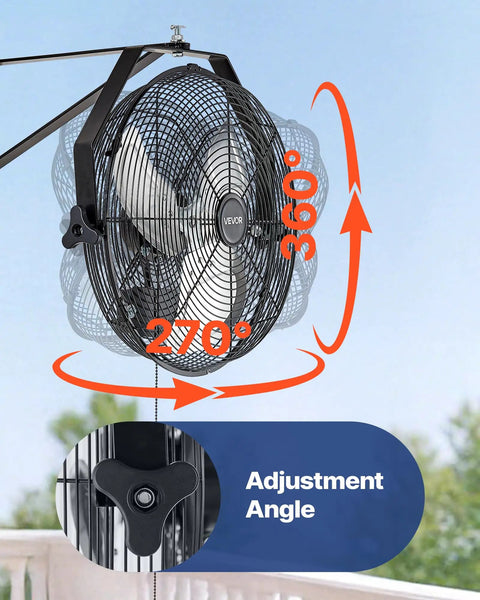 Beefy 14 Inch Industrial Wall Mount Fan With High Velocity Airflow 2473 CFM IP44 Waterproof Outdoor Wall Fan, showing 270°/360° adjustability.