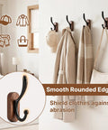4 Pack Wall Mounted Coat Hooks Heavy Duty Double Design Hang Your Fits Smoothly Premium Walnut Wood Black Metal Frame Entryway Mudroom Top Notch Storage Rack, featuring smooth curved hooks with coats and bags.