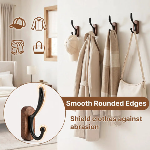 4 Pack Wall Mounted Coat Hooks Heavy Duty Double Design Hang Your Fits Smoothly Premium Walnut Wood Black Metal Frame Entryway Mudroom Top Notch Storage Rack, featuring smooth curved hooks with coats and bags.