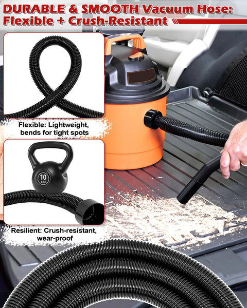 Heavy Duty 10 Ft Vacuum Hose Replacement With 2.25 In Cuff And 1.25 In Diameter connected to orange shop vac in car trunk