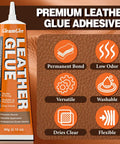 Leather Glue 60ml Extra Strong Waterproof Flexible Adhesive For Leather And Vinyl With Fast Dry Tech Ideal For Shoes Bags Sofas Jackets Car Seats And Other Repairs, shown with features like permanent bond, low odor, versatile, washable, dries clear, and flexible.