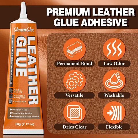 Leather Glue 60ml Extra Strong Waterproof Flexible Adhesive For Leather And Vinyl With Fast Dry Tech Ideal For Shoes Bags Sofas Jackets Car Seats And Other Repairs, shown with features like permanent bond, low odor, versatile, washable, dries clear, and flexible.