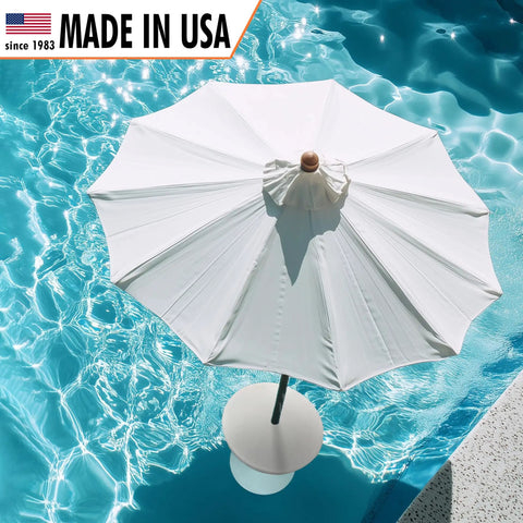 Versatile ShadeTable Pool Umbrella Table For In Pool Or On Deck Use Fits 1.5 Inch Umbrellas In Water Up To 12 Inches Deep Great Outdoor Side Table For Patios Docks White Made In USA visible in a pool setting.