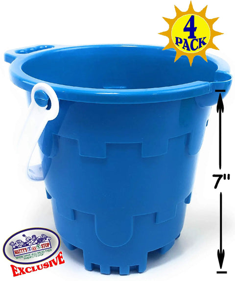 Blue bucket from 4 Pack 7 Inch Castle Sand Buckets With Easy Pour Spout And Handle In Blue, Pink, Green And Yellow, Plastic Beach Sandcastle Molds For Kids