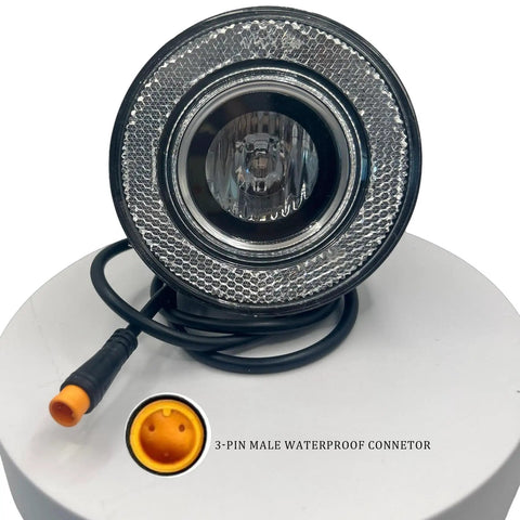 All-In-One Front Bike Light With 75-100dB Horn, Waterproof 3-Pin Connector, round lens, yellow connector detail