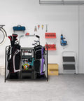 Heavy Duty Metal Golf Bag Organizer Rack For Two Bags With Secure Straps Two Wire Drawers For Accessories Five Shelves In Garage
