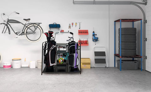 Heavy Duty Metal Golf Bag Organizer Rack For Two Bags With Secure Straps Two Wire Drawers For Accessories Five Shelves In Garage