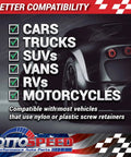 Compatibility chart for Anti Theft License Plate Screws Fastener Kit with cars, trucks, SUVs, vans, RVs, motorcycles