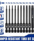 Security Torx Bit Set With CNC Machined S2 Steel Star Bits, featuring magnetic tips, 10 pieces in a storage box, 3 inch length.