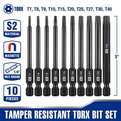 Security Torx Bit Set With CNC Machined S2 Steel Star Bits, featuring magnetic tips, 10 pieces in a storage box, 3 inch length.