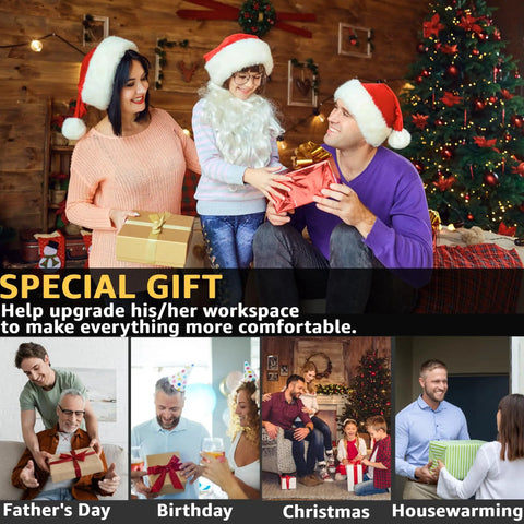 Family exchanging gifts in festive setting, text promoting special gifts for Father's Day, Birthday, Christmas, and Housewarming.