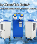 Shop Grade Industrial Air Conditioner And Portable Spot Cooler Equipped With Dual Venting Tubes For No Sweat Cooling Inside Factories Warehouses And Garages 220V 1800W Powerhouse, front and side view, portable design.